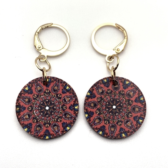 Red Mandela Wooden Boho Dangle Earrings - Picture 2 of 5